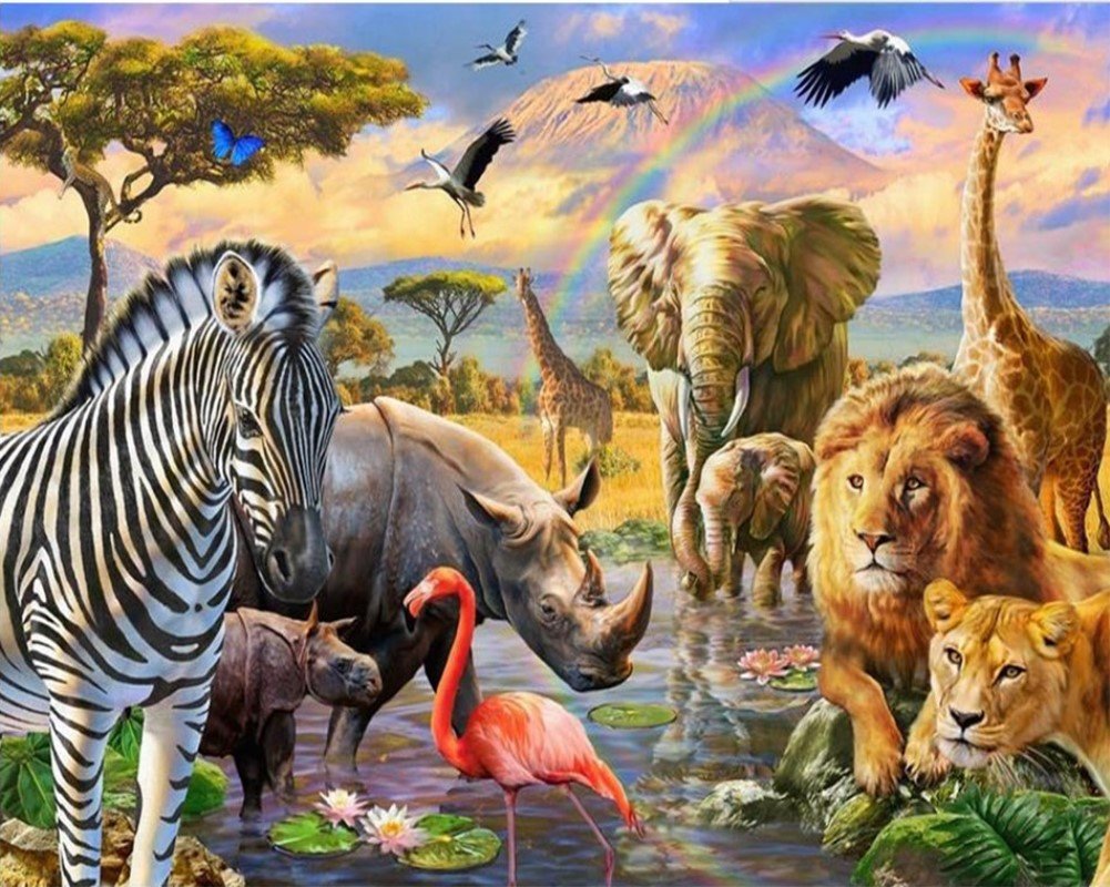 WOWDECOR Art Supplies Rainbow Animal World Lion Tiger Elephant Flamingos DIY Paint by Numbers Kits 40 x 50cm with Painting Brushes Canvas (No Frame)