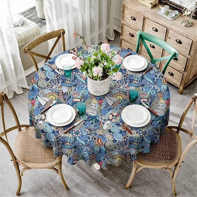 Beach Tropical Ocean Nautical Round Holiday Tablecloth Seashells