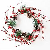HOYIJA 12 inch Artificial Christmas Wreath, Farmhouse Handmade Rattan Small Christmas Door Hanging with Red Berry, Pine Cones for Indoor Outdoor DIY Christmas Decoration Wall, Candle Tabletop Ornament