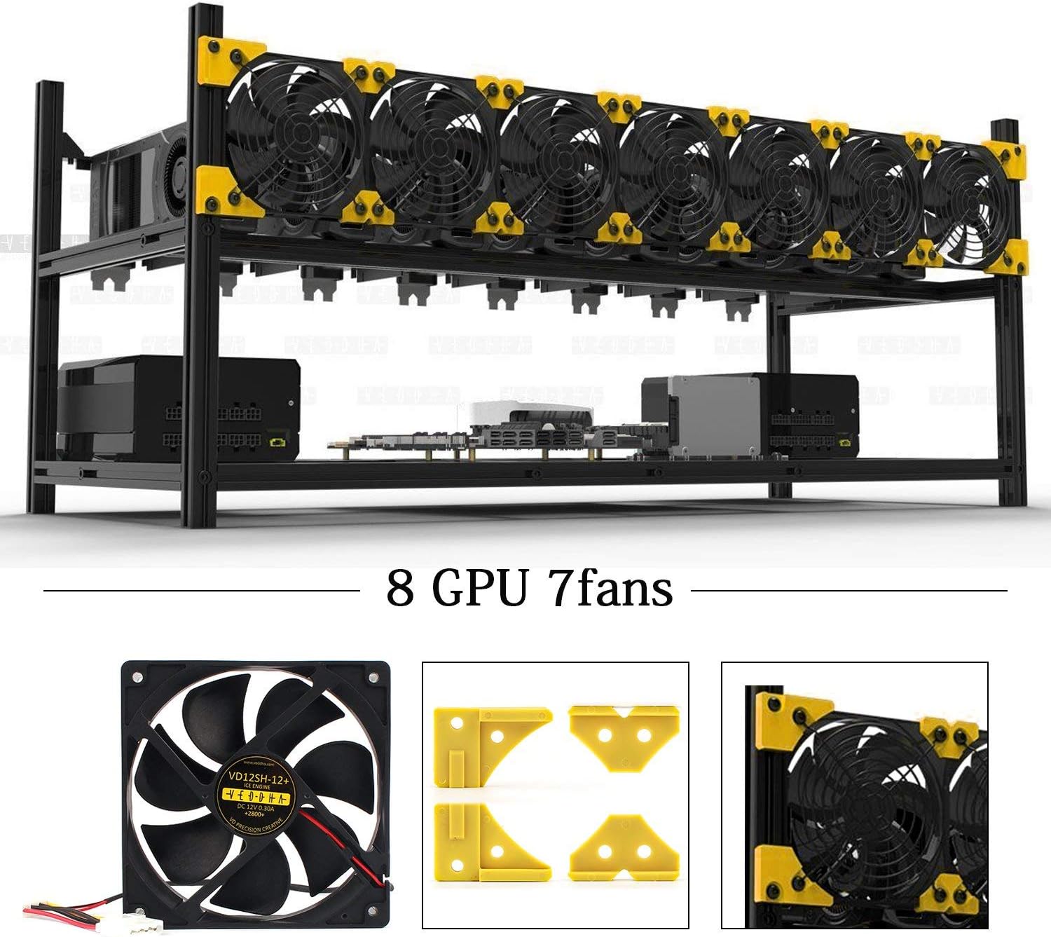Aluminum 8C Mining Rig Case with 7 PCS 120mm Case Fan, Stackable Open Air Frame Miner Case for ETH/ETC/ZCash/Cryptocurrency