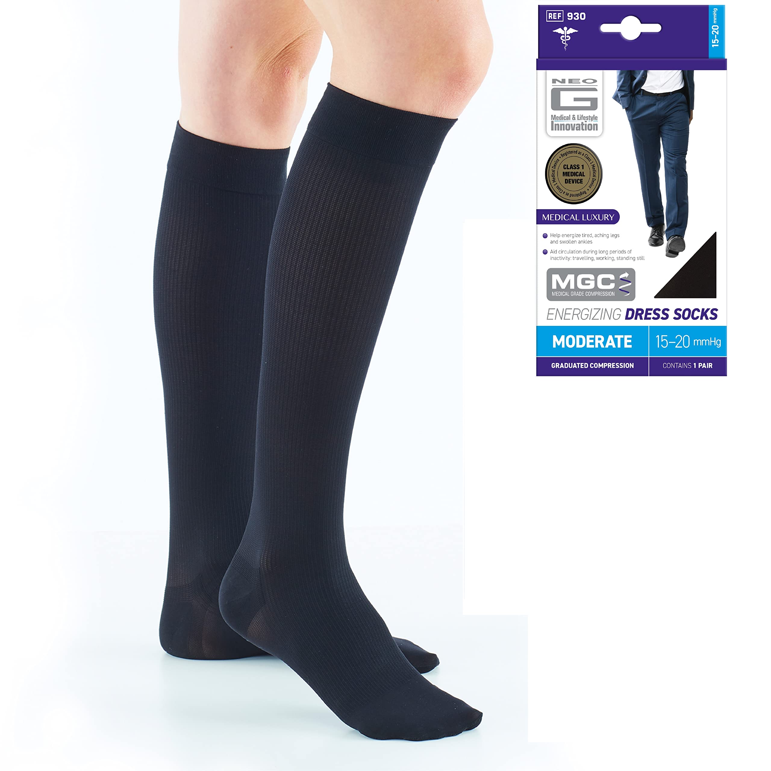 Neo G Dress Compression Socks Men for Daily Wearing. Knee High Mens Compression Socks Light 14-18mmHg graduated compression for everyday wearing & during long periods of inactivity - Black - S