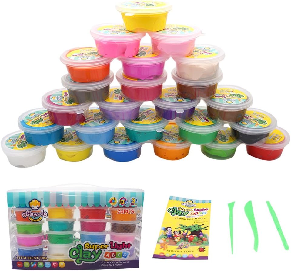 OVI Non Toxin Air Dry Creative Modeling Clay Bucket with 24 Assorted Colors Ultra Light Molding Magic Clay Set