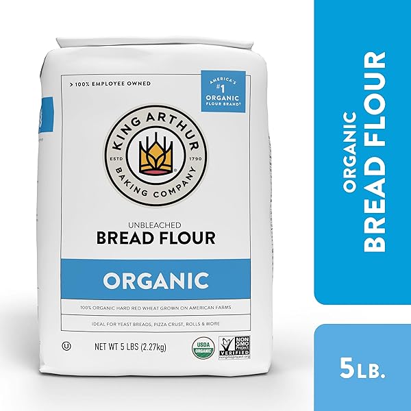 KING ARTHUR UNBLEACHED ORGANIC BREAD FLOUR – HIGH PROTEIN 12.7% FOR LOFTY YEASTED BREADS, NON-GMO, KOSHER CERTIFIED – PREMIUM BAKING FLOUR FOR ARTISAN LOAVES, PIZZA DOUGH, AND SOURDOUGH (5 LBS)