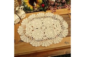 Phantomon Lace Doilies Handmade Crochet Placemats Cotton Doilies Cloth Lace, Pack of 4, Oval Shape, 12 x 17 inch (Beige)
