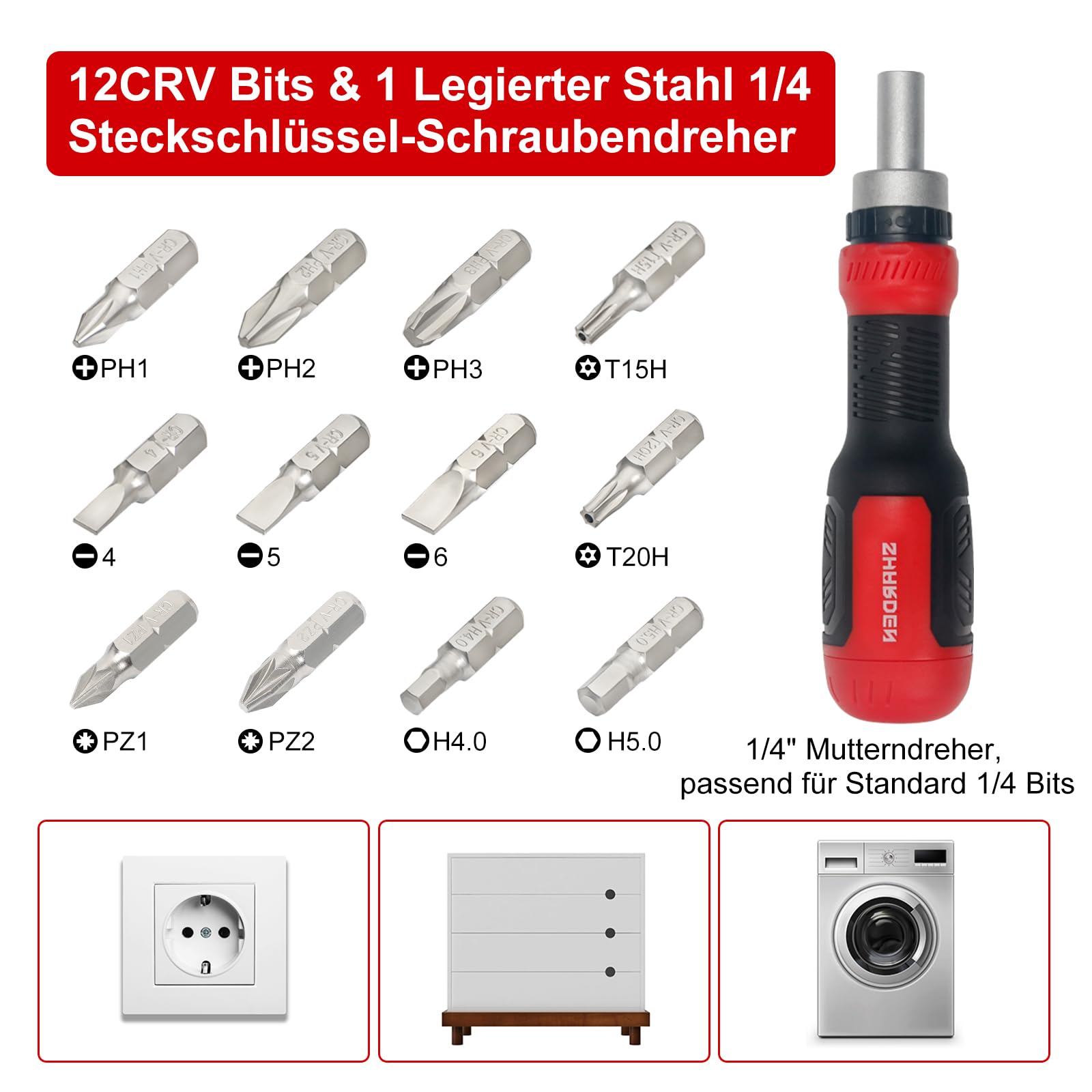SHARDEN Ratschen Schraubendreher 13-in-1 Ratschen-Schraubendreher Multibit-Schraubendreher Multitool All in One mit Torx, Schlitz, Kreuzschlitz, Sechskant,Pozidriv und 1/4 Mutternschl¨¹ssel 3