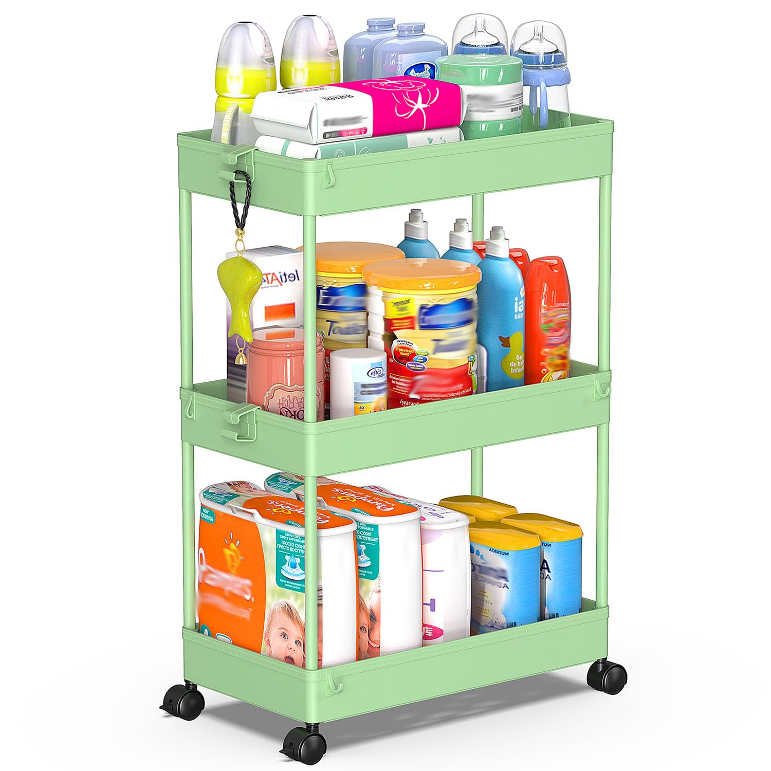Photo 1 of SPACEKEEPER Rolling Storage Cart 3 Tier, Bathroom Cart Organizer Laundry Room Organizer Utility Cart Mobile Shelving Unit Multi-Functional Shelves for Office, Kitchen, Bathroom, Green, SPKSC302GN