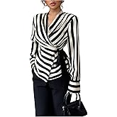 SOLY HUX Women's Tie Front Wrap Tops Striped Long Sleeve Shirt V Neck Dressy Casual Blouses