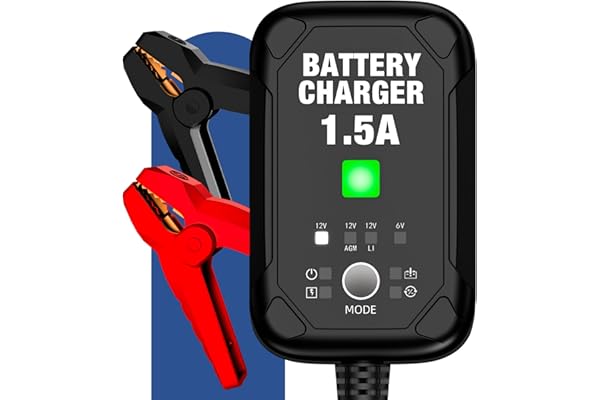 1.5A 6V/12V Car Battery Charger – Automatic Trickle Charger, Battery Maintainer with Overcharge Protection & Temperature Compensation – for Lead Acid, AGM, Gel, Lithium Batteries
