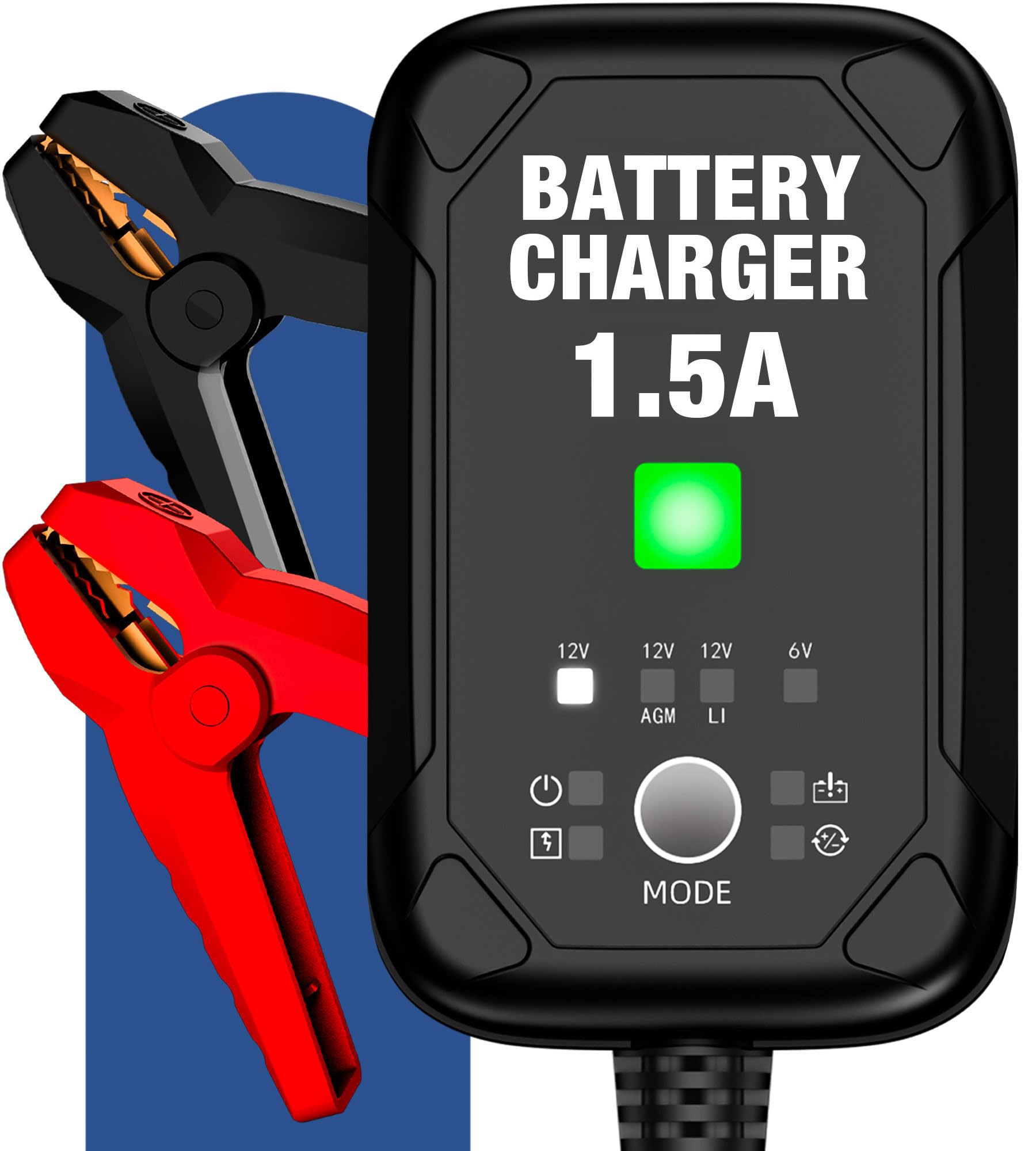 Photo 1 of 1.5A 6V/12V Car Battery Charger – Automatic Trickle Charger, Battery Maintainer with Overcharge Protection & Temperature Compensation – for Lead Acid, AGM, Gel, Lithium Batteries