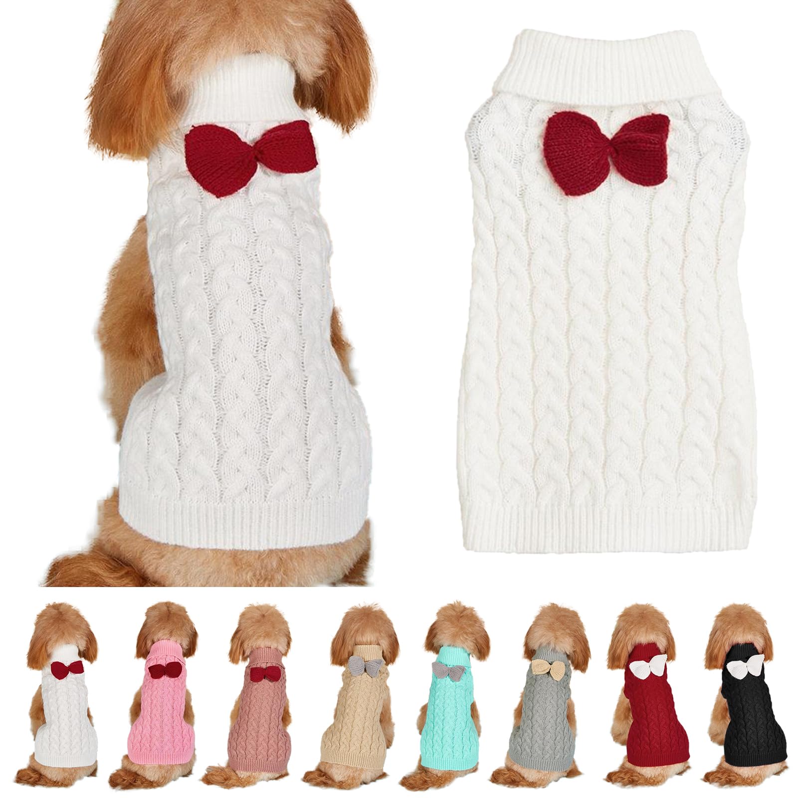 Yanmucy Dog Turtleneck Sweater Bow Knitting Dog Jumper Warm Dog Winter Clothes Pullover Knitwear Crochet Dog Coat Christmas Costume for Small Medium Large Dogs Cats (White, L)