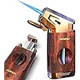 Butane Torch Lighter with V Cutter, Windproof Jet Flame Lighter Torch Refill, Adjustable Refillable Butane Lighter Gifts for Men, with Fuel Window, Butane not Include