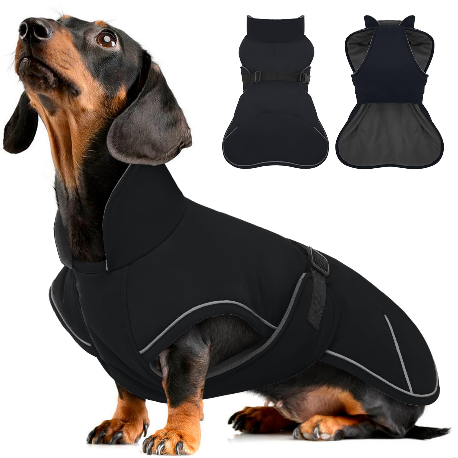 Hjyokuso Dachshund Coat Waterproof Winter Dog Jacket with Soft Warm Lining, Pullover Design for Miniature Sausage Dogs in Cold Weather, Walks, Snow, Outdoor Adventures - Black L — image 1