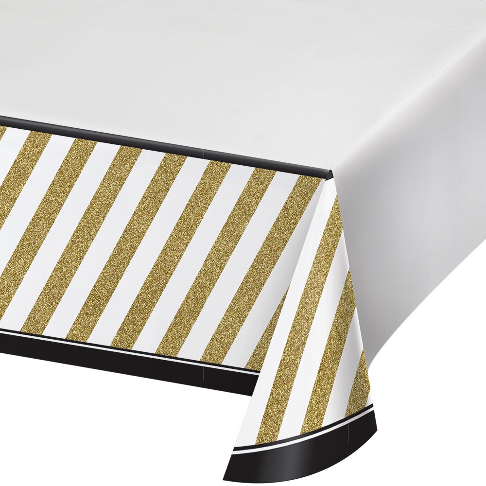 Creative Converting Black and Gold Stripe Plastic Table Cover - 1 Pc.