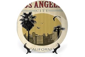 XISUNYA 8 Inch Decorative Plate, Vintage Ceramic Craft, Los Angeles City from California Birds Vacation Journey Design Print Ceramic Wall Hanging Decor Accessory for Dining Table Tabletop Home Decor
