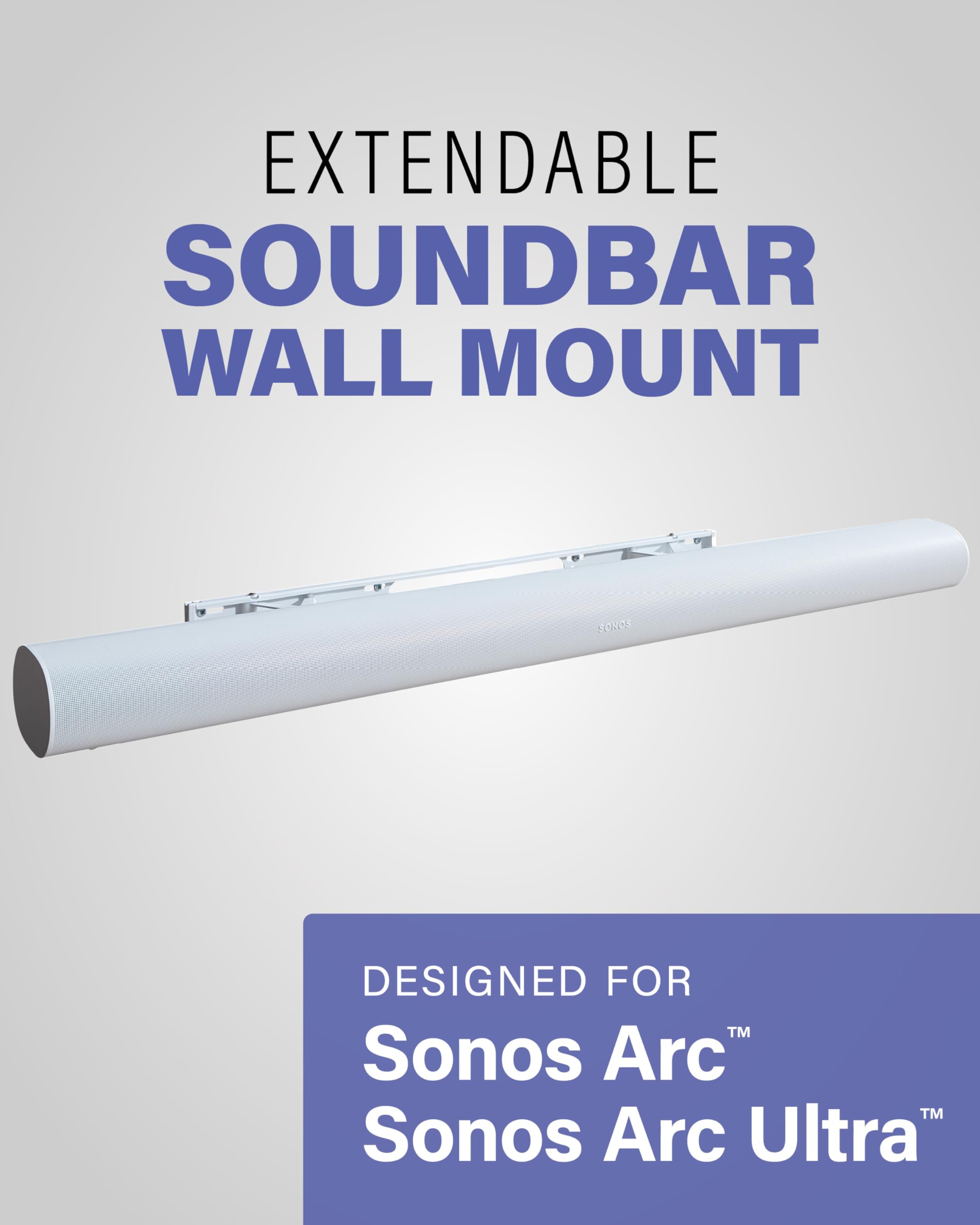 SANUS Extendable Soundbar Wall Mount for Sonos Arc & Sonos Arc Ultra Soundbar – 5” Depth Adjustment Optimized for Dolby Atmos - White Speaker Mount