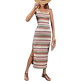 PRETTYGARDEN Tank Dress for Women 2026 Summer Casual Striped Maxi Dresses Fitted Square Neck Beach Vacation Bohemian Sundress