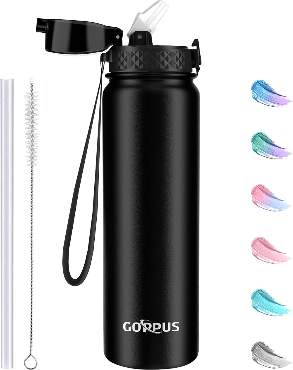 GOPPUS 1L Stainless Steel Water Bottle with Straw Leakproof Flip Lid BPA Free