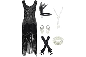 ESRTYERYH WOMEN COSTUME 1920s Gatsby Sequin Fringed Paisley Flapper Dress with 20s Accessories Set