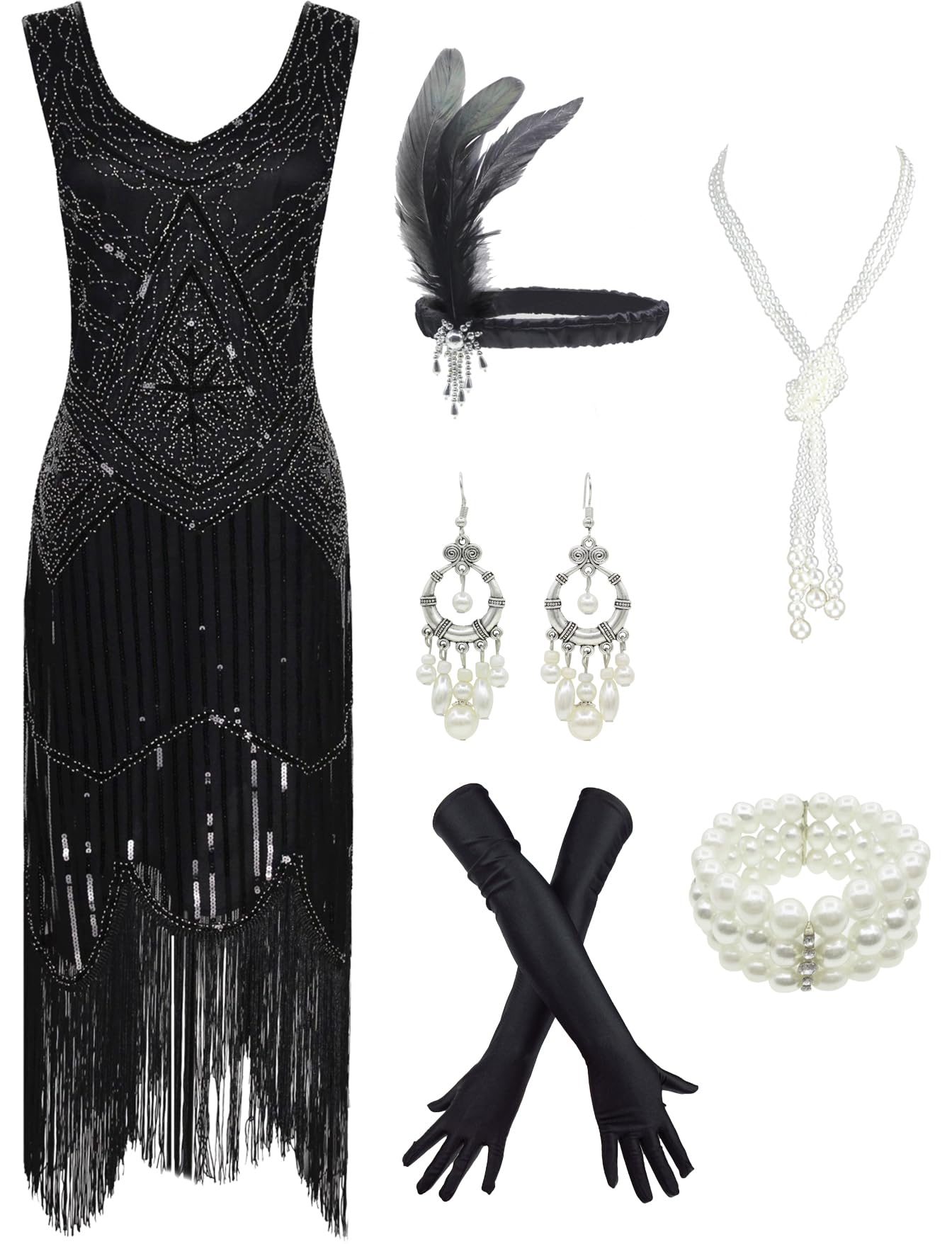 Photo 1 of 1920s Gatsby Sequin Fringed Paisley Flapper Dress with 20s Accessories Set (3XL, Black)