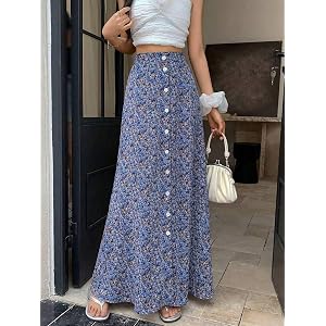 Women's Blue Floral Print Maxi Skirt, High Waist A-Line with Button Front Casual Long Skirt