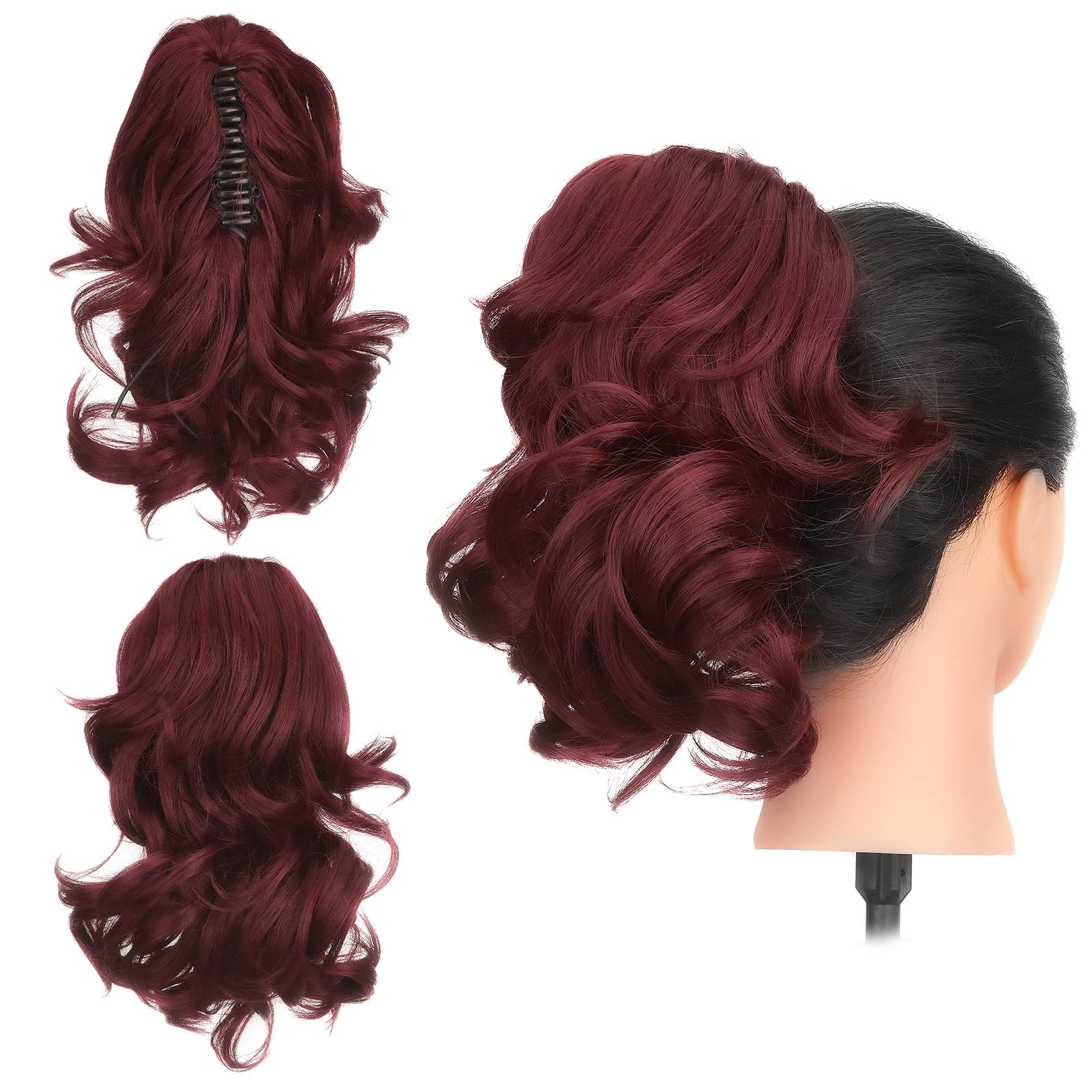 Gairyan 12" Clip in Ponytail Hair Extensions Curly Ponytail Extension Claw on Pony tails Wavy Synthetic Hairpieces for Women Real Look Short Wave (Wine Red) โ image 1