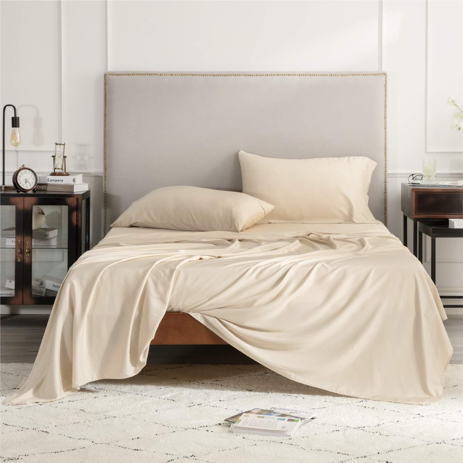 Bedsure 100% Bamboo Sheets Twin Size Cooling Sheets Deep Pocket Bed Sheets-Super Soft Hypoallergenic,Breathable - 3 Pieces 1 Fitted Sheet with 16 Inches, 1 Flat Sheet, 1 Pillowcases-Beige: Home & Kitchen