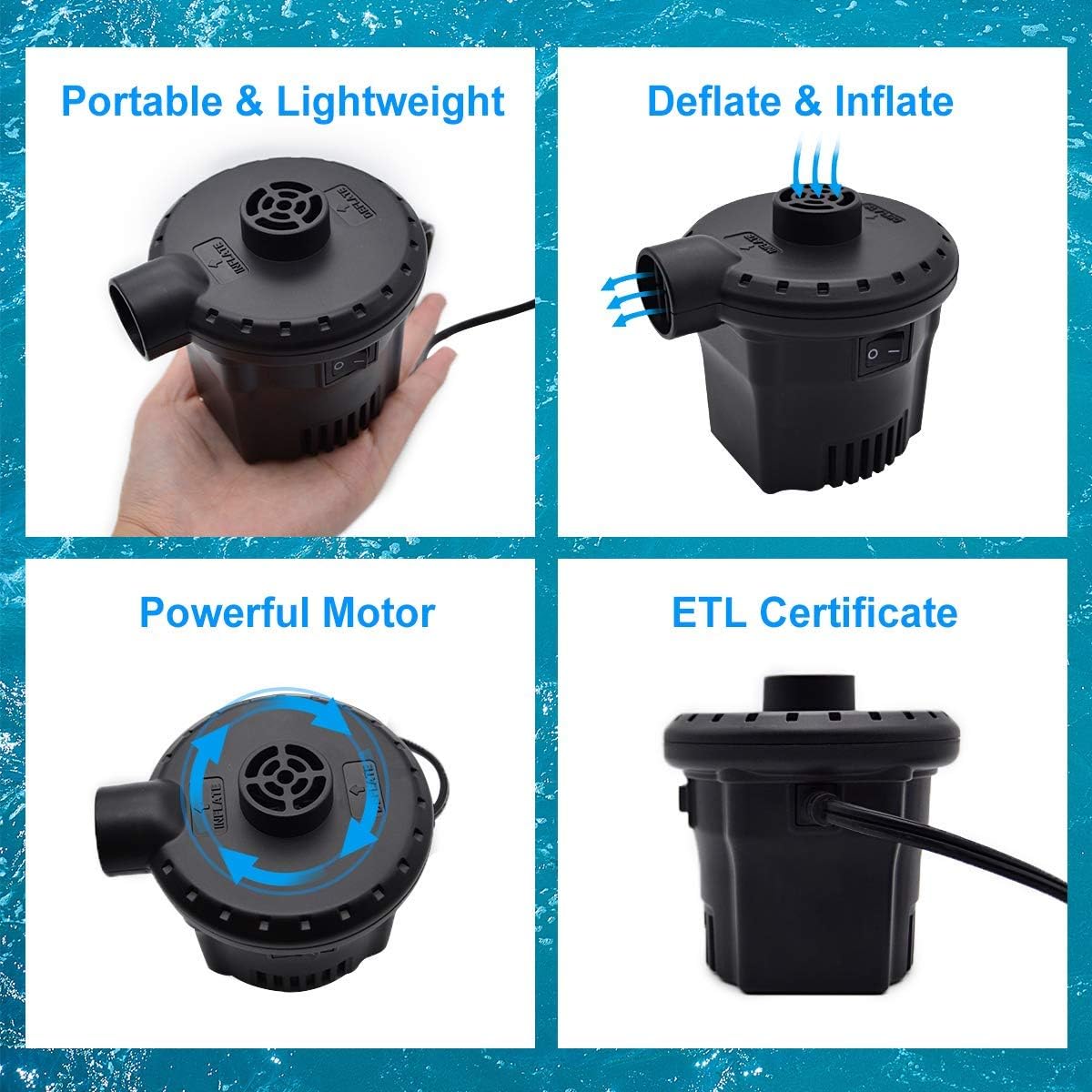 BLUELF Air Pump for Inflatables Air Mattress Pump Portable Quick Electric air Pump for Swimming Ring, Paddling Pool, Airbed or Inflatable Toys with 3 Nozzles AC 110V 130W: Sports & Outdoors