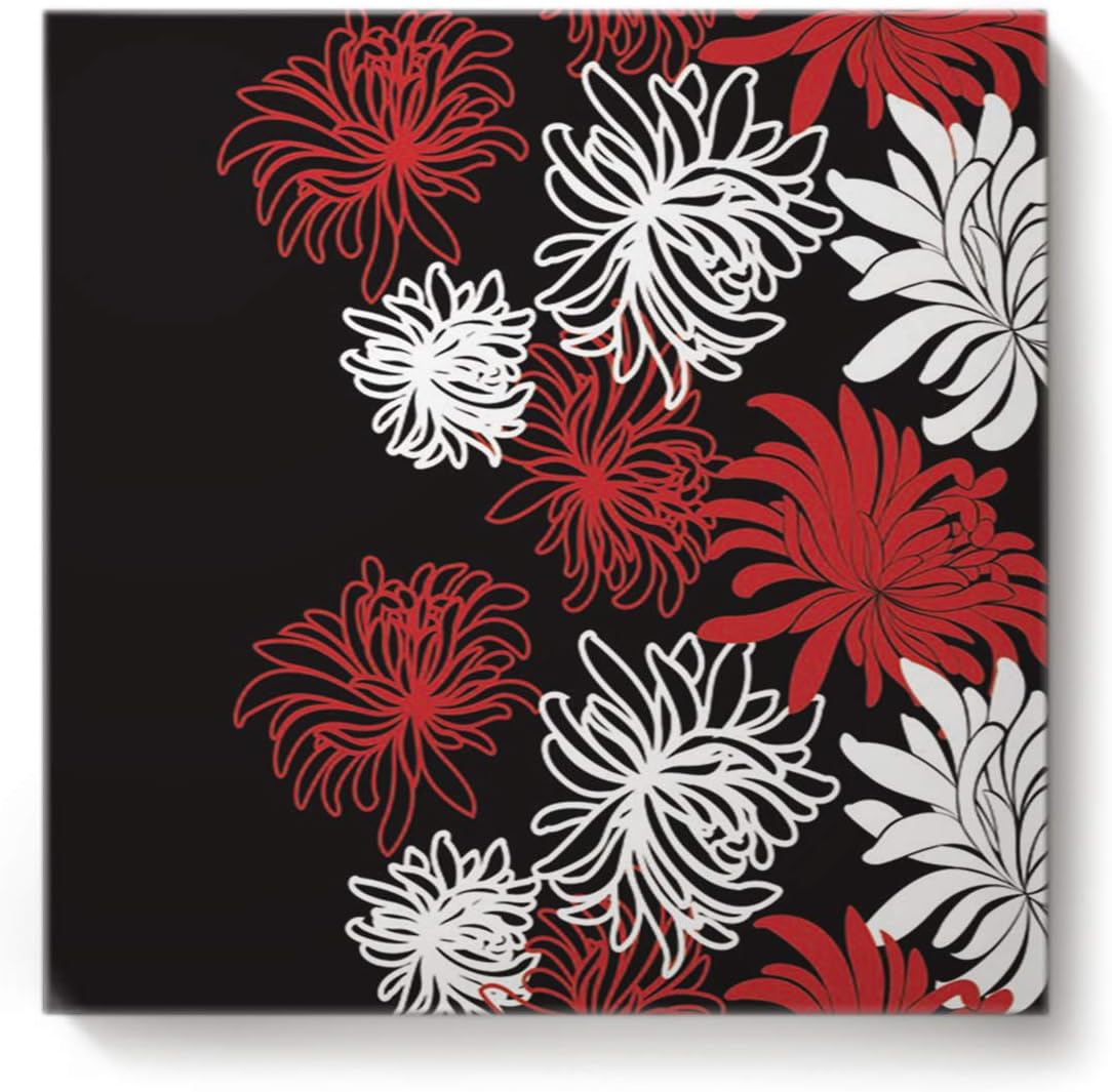 Square Canvas Wall Art Oil Painting for Bedroom Living Room Home Decor,Chrysanthemum Flower Painting Black White Red Office Artworks,Stretched by Wooden Frame,Ready to Hang,12 x 12 Inch
