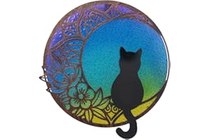 VEWOSTAR 11” Round Cat Stained Glass Window Hanging Handmade Sun Catcher with Metal Frame Wall Art Stained Glass Suncatcher Panels for Window Wall Hanging Decor