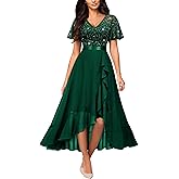 Miusol Women's Classy V-Neck Butterfly Sleeve Sequined Floral Lace Ruffle Split Bridesmaid Party Dress