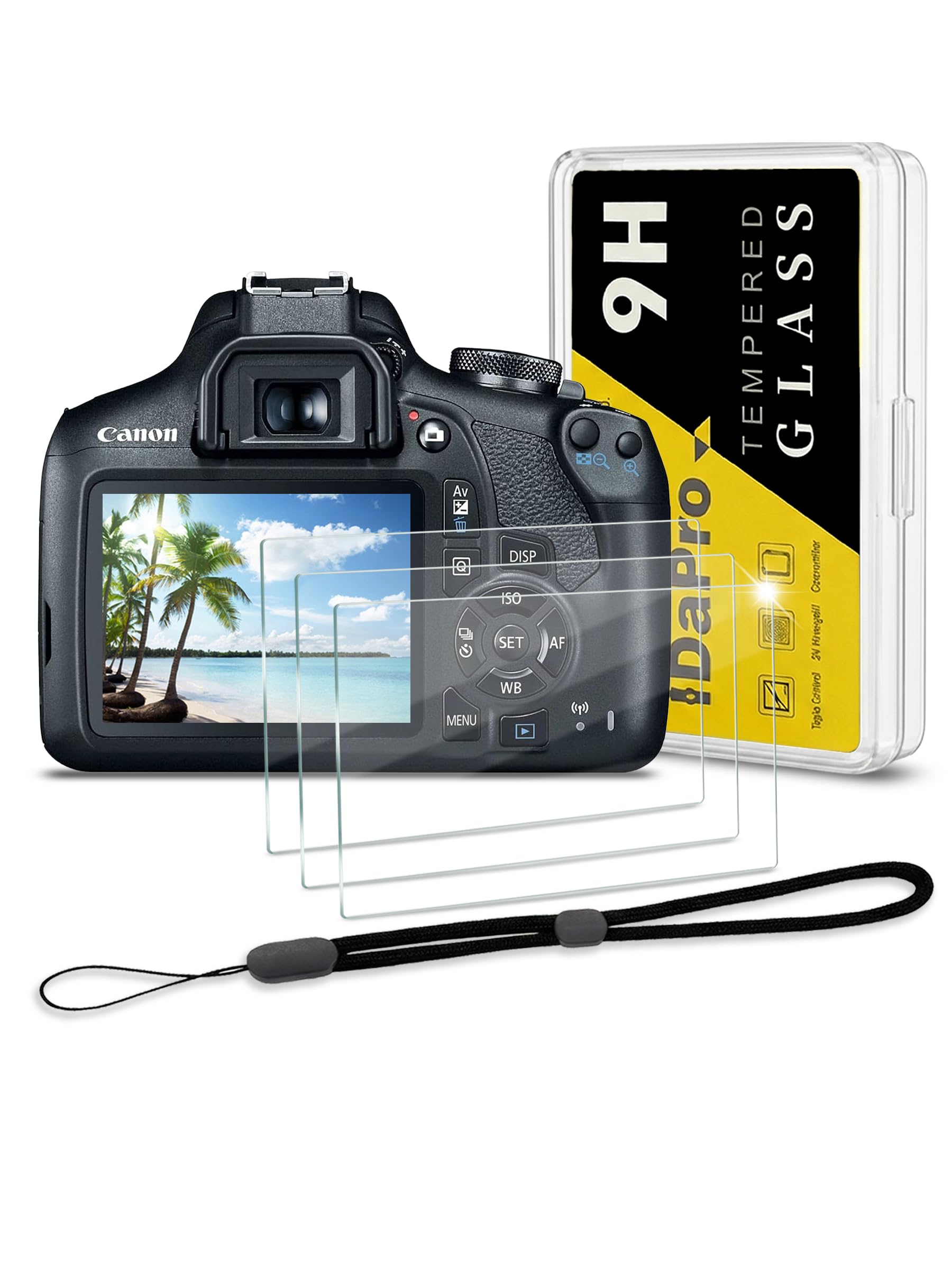 iDaPro Screen Protector for Canon EOS 2000D 1300D 1200D Rebel T7 T6 T5 + Hand Lanyard [3+1 Pack] Tempered Glass Easy Installation