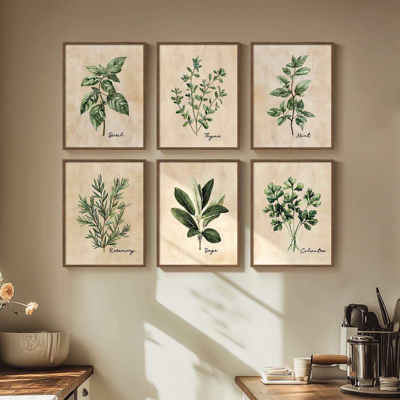 Photo 1 of (Cut surface of the frame when opening the box)Framed Sage Green Botanical Wall Art for Kitchen, Set of 6 Rustic Herb Canvas Prints Artwork for Modern Farmhouse Walls, Herbs Spices Plant Leaf Pictures for Dining Room Living Room Bedroom Wall Decor