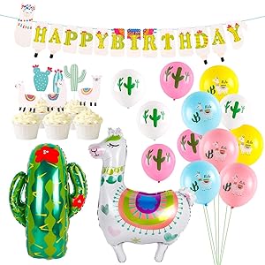 Llama Party Supplies, Birthday Party Decorations with Large Llama Cactus Foil Balloons, Latex Balloons, Cupcake Topper, Happy Birthday Banner for Baby Shower Home Decor