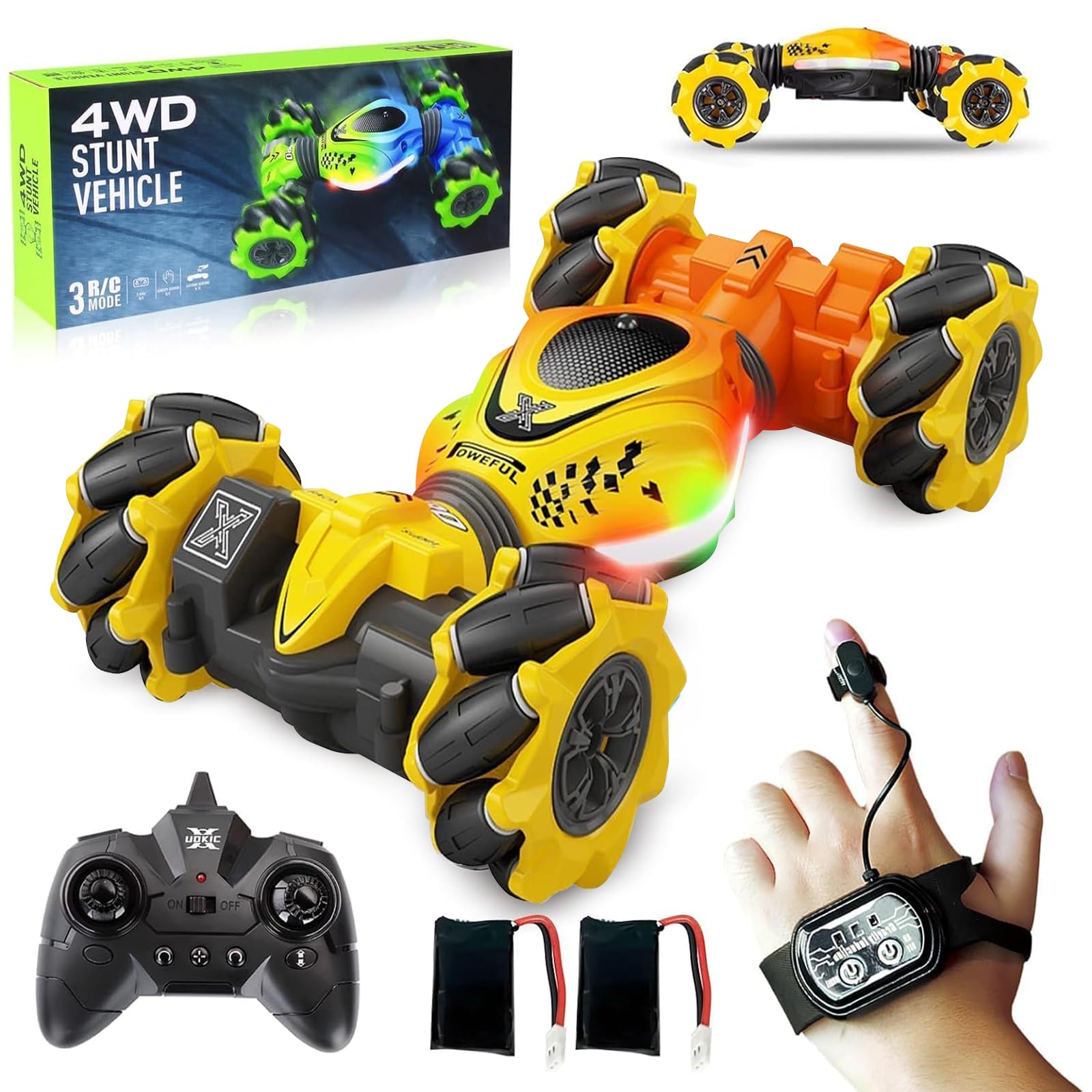 ROCKY&CHAO Remote Control Car for Kids Adults, 2.4GHz 4WD Gesture Sensor Drift RC Stunt Car, Double Sided Rotating 4WD High Speed Off-Road Vehicle Toys 360° Rotation with Lights and Music-Yellow
