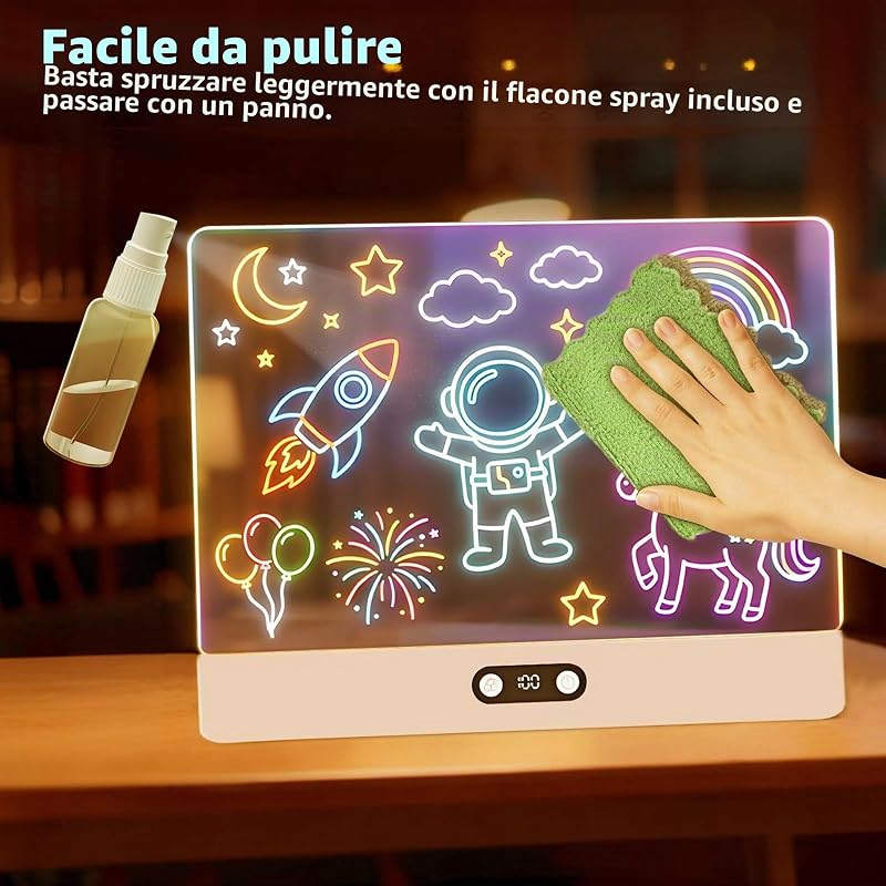 Tavola da Disegno a LED,35x26 cm Tavoletta Grafica Bambini Ricaricabile,8 Colori,3 Modalità,Lavagna Luminosa per Disegnare,Tavola Arte Neon Cancellabile per Appunti,Scarabocchiare-Bianco — foto 7 di 8