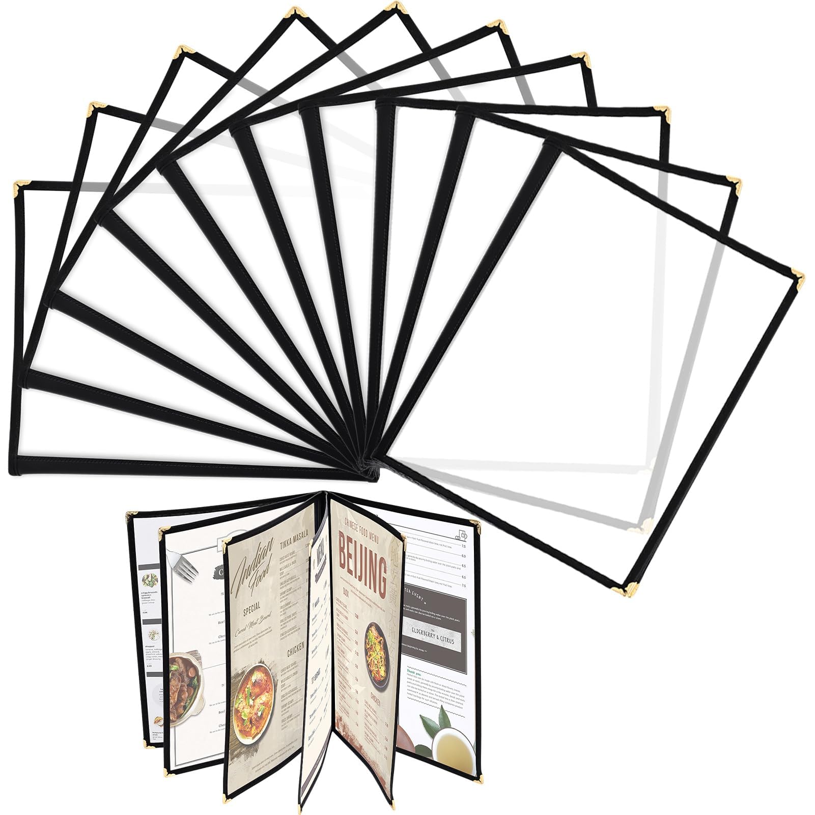 Photo 1 of 10 Pack Menu Covers 6 Page 12 View, 8.26 x 11.69 Inches Transparent Restaurant Recipe Menu Covers Menu Holder with Leatherette Trim & Metal Corners for Bar Cafe Restaurant