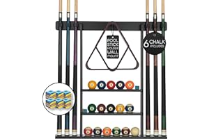 BILLIARDS XPRESS Pool Cue Rack - Pool Stick Holder Wall Mount With 16 Ball Holders & 6 Pack Of Chalk - Rubber Circle Pads & Large Clips Prevent Damage - Billiard Table Accessories For Man Cave