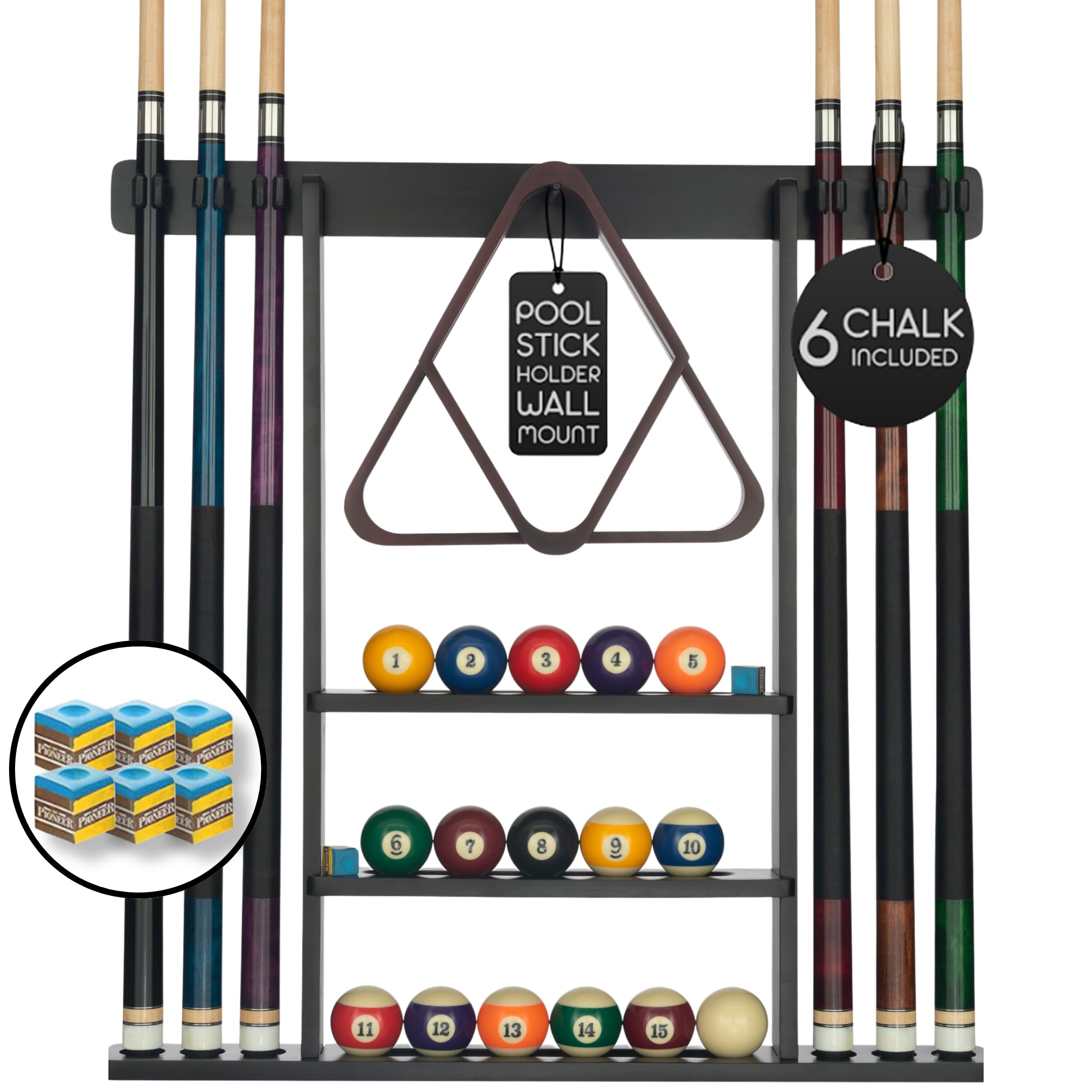 Pool Cue Rack - Pool Stick Holder Wall Mount with 16 Ball Holders & 6 Pack of Chalk - Rubber Circle Pads & Large Clips Prevent Damage - Compact Billiard Table Accessories for Man Cave (Black)