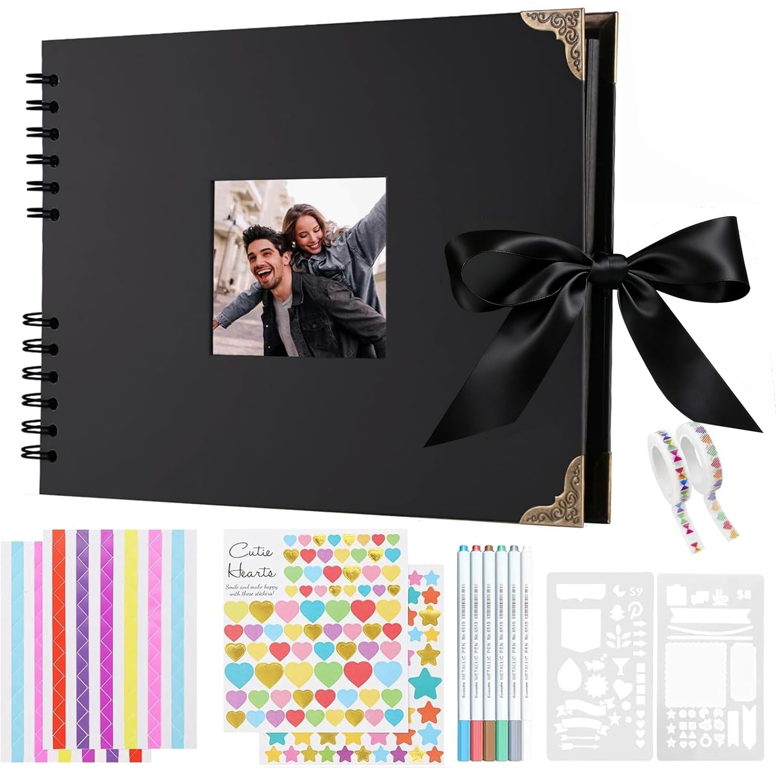 Newthinking Photo Scrapbook with 80 Black Pages, 11.5 x 8.5 Inches Scrapbook Photo Album with Accessories, DIY Couples Memory Scrap Book for Anniversary Wedding Birthday (Black)