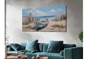 Ardemy Blue Coastal Wall Art Textured Beach Painting Turquoise Teal Sea Shore Picture Large Size Modern Boat Artwork Framed Living Room Bedroom Kitchen Bathroom Dinning Room Home Office Wall Decor