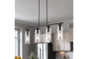 Emak Modern Black Kitchen Island Lighting, 4-Light Dining Room Light Fixtures Over Table,Farmhouse Linear Chandelier with Clear Glass Shade for Kitchen Dining Room, PL120-BKBK-4L-CG