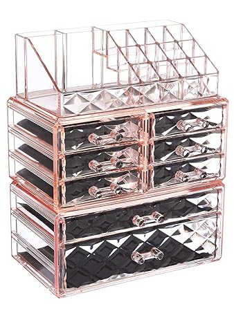 Amazon Com Zhiai Makeup Organizer Acrylic Cosmetic Storage Drawers And Jewelry Display Box Transparent Style C Pink Diamond 1 Top 6 Small 1 Large 1 Xlarge Drawers Beauty