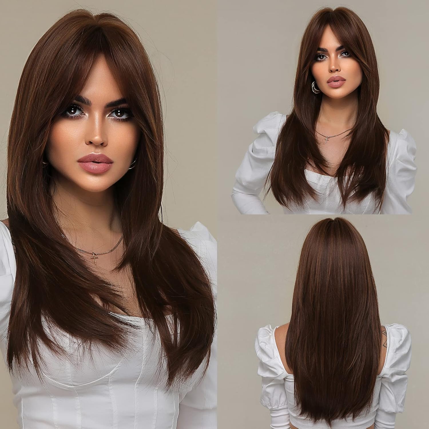 EMMOR Brown Wigs for Women,Long Layered Wigs with Curtain Bangs Heat Resistant Synthetic Fibre Wigs(Mixed Brown)