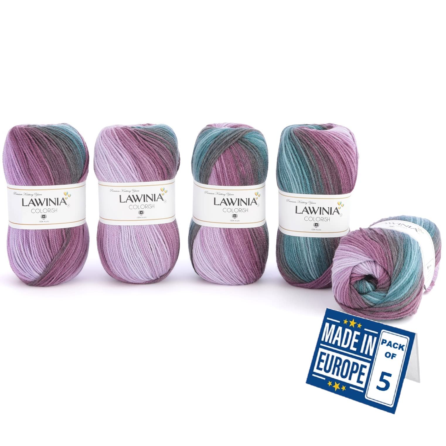 LAWINIA COLORISH Luxury Rainbow Yarn DK, Rainbow Wool for Knitting, Pack of 5 Each 100g - 350m 100% Acrylic DK Knitting Yarn, Multicoloured Wool, Ombre