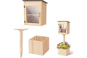 Wonderjune Wooden Library Box Outdoor Library, Double Outdoor Box Storage with Floor Plugs and Small Flower Fence for DIY, Co
