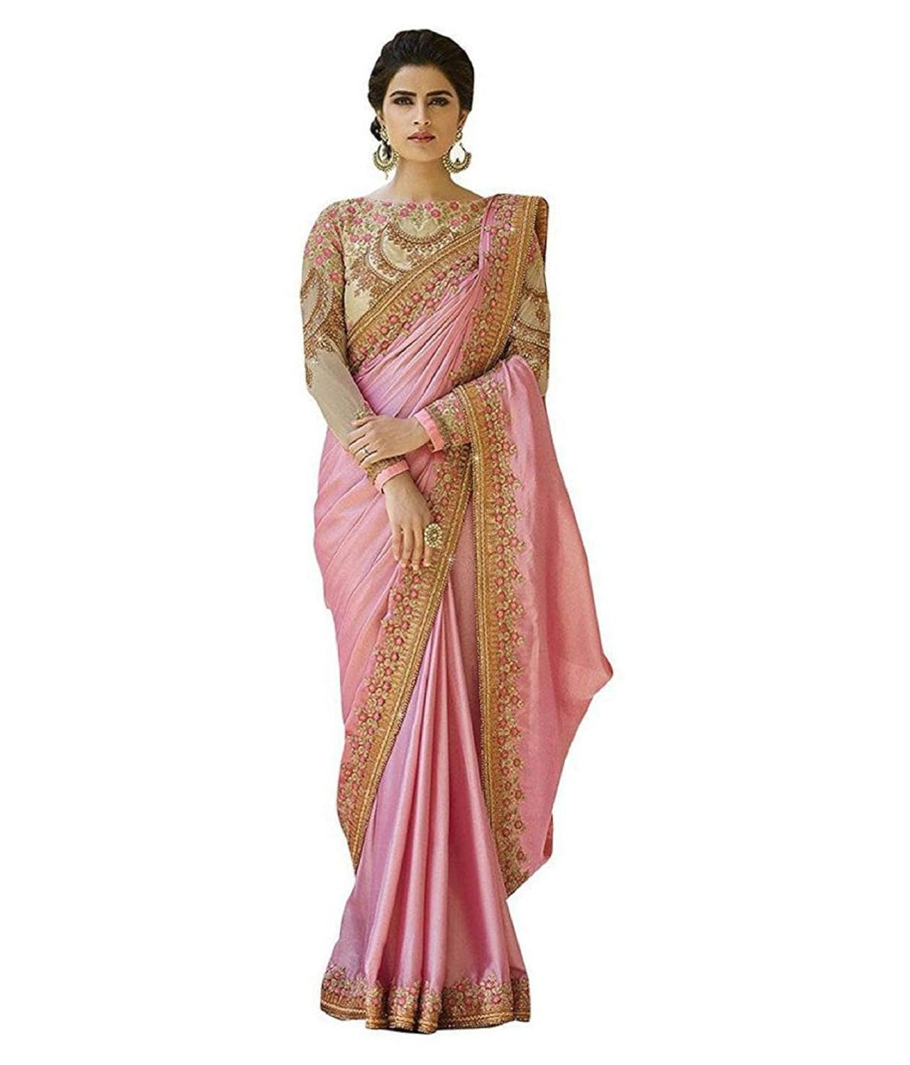 magneitta women's crepe chiffon saree with blouse piece, free size (97036, pink)