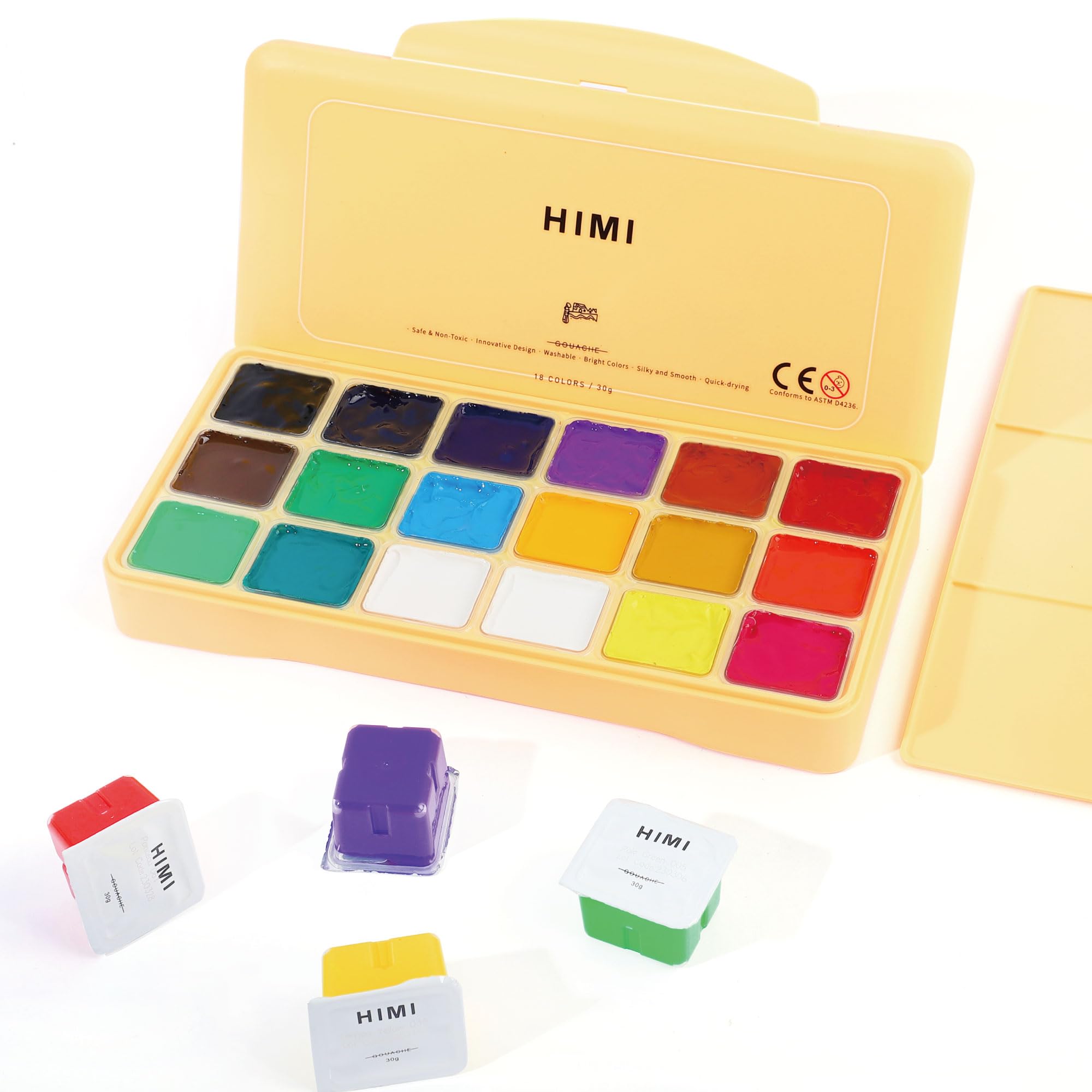 INK LAB HIMI Gouache Paint Kit 18 Vibrant Colors Non Toxic Paints Jelly Cup Design with Palette Portable for Professional Artists, Rich Pigment, 30ml/Cup