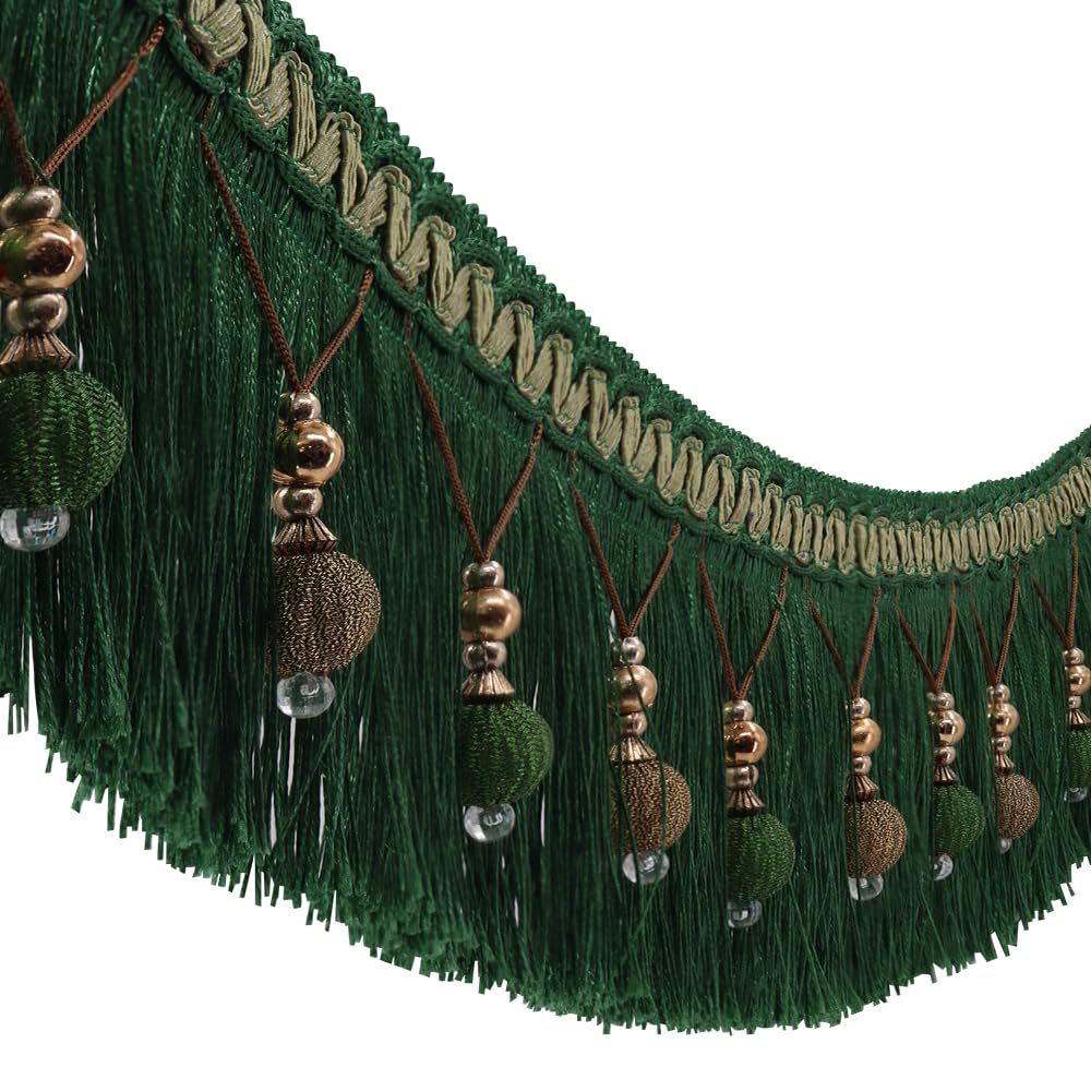 2yards Braided Beads Hanging Ball Tassel Fringe Trimming Applique Fabric Trimming Ribbon Band Curtain Table Wedding Decorated (Green)