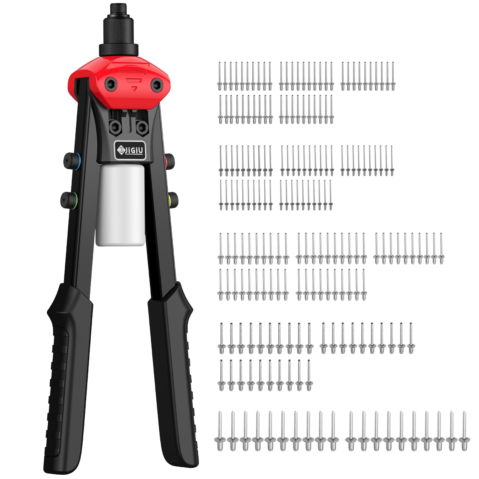 JiGiU 13.3" Professional Rivet Gun Rivet Tool Pop Rivet Gun Kit Hand Riveter Tool Set with 200Pcs Rivets 2.4mm 3.2mm 4.0mm 4.8mm 6.4mm Riveter Tool for Automotive Railway Furniture Instrument