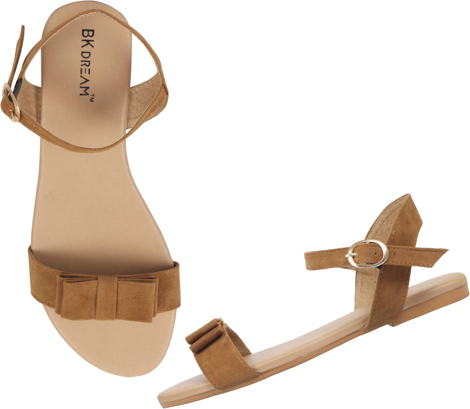 BK DREAM Women Flat Sandals with Ankle Strap (Tan, Numeric_4)